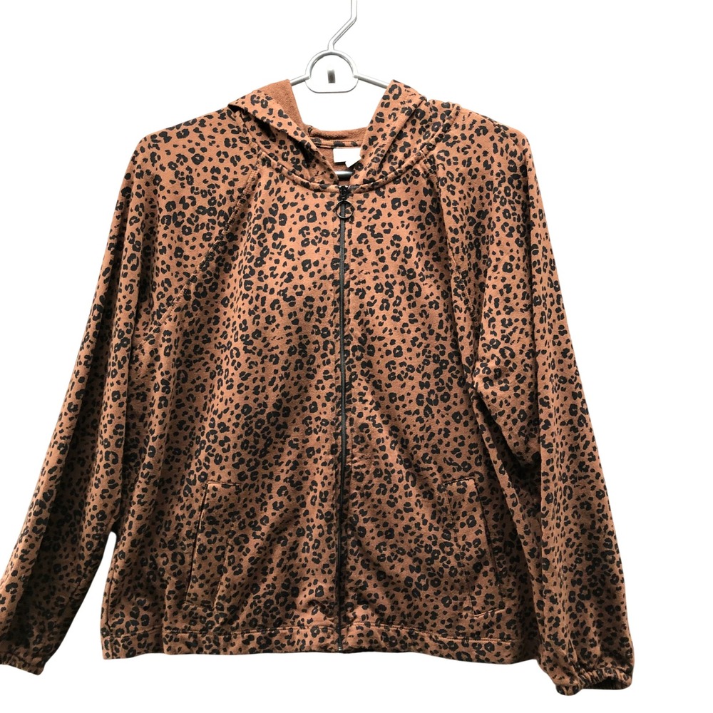 J‎ Jill Fit Zip Hoodie Womens MP Leopard Print Tan Brown Black Lightweight